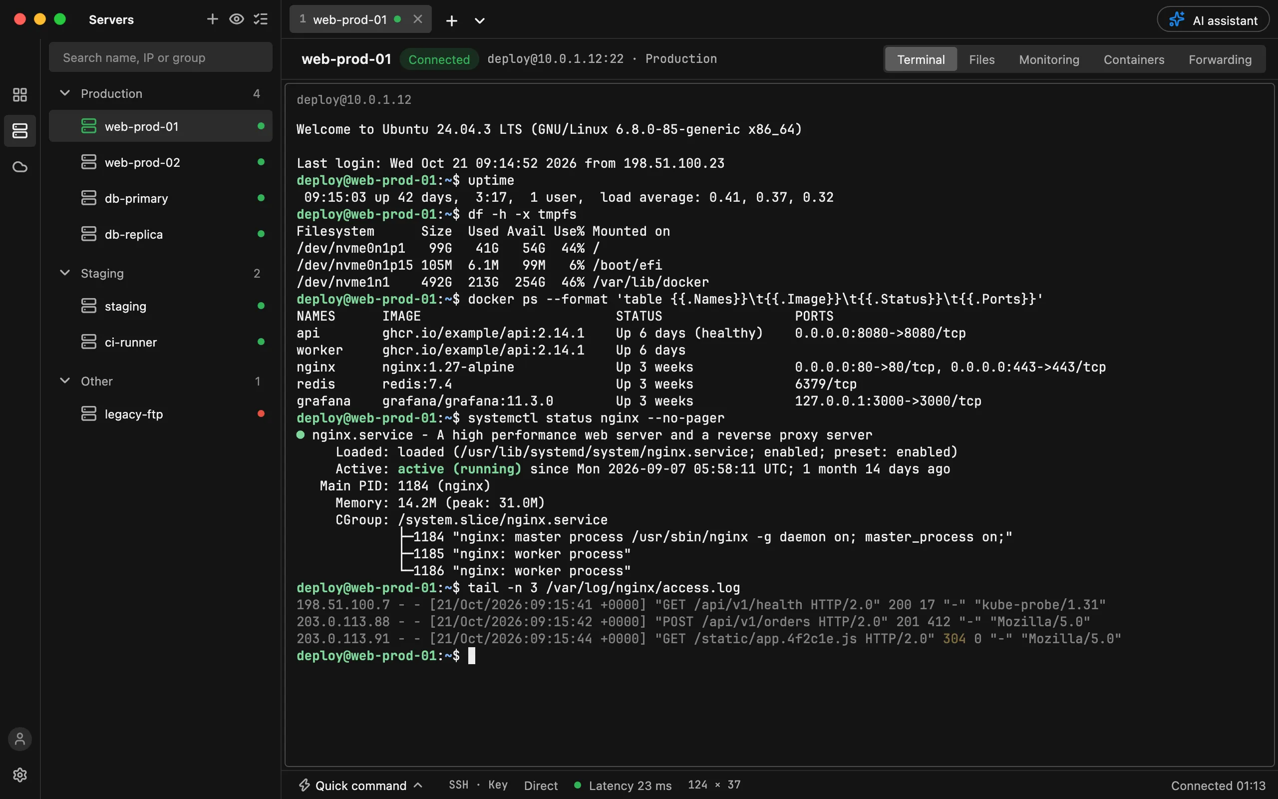 HostDock main window: server list grouped by environment on the left, an SSH terminal session in the center with a status bar showing latency and connection time