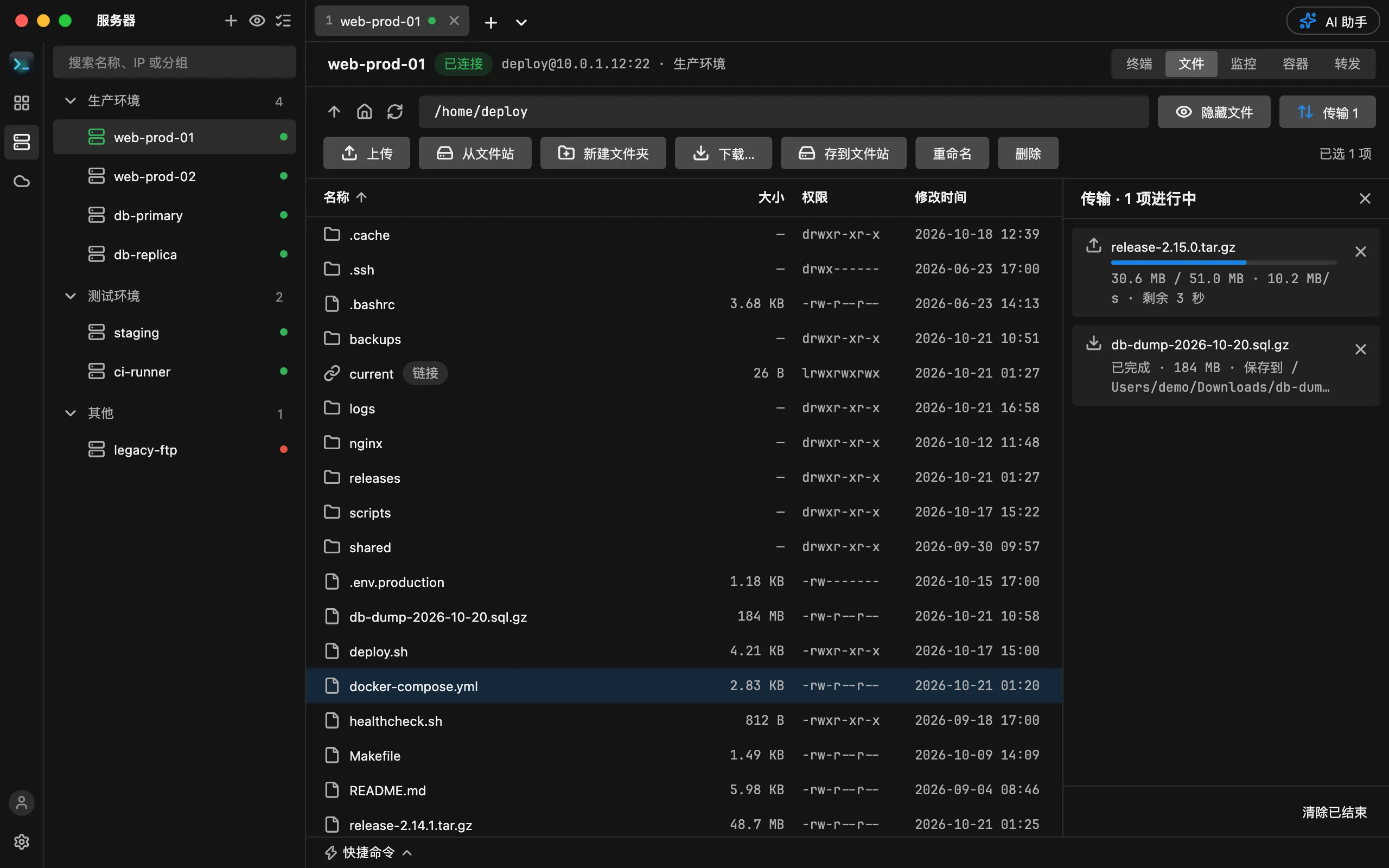 HostDock 的 SFTP 文件管理:远程目录的列表,有名称、大小、权限和修改时间,下面是传输队列