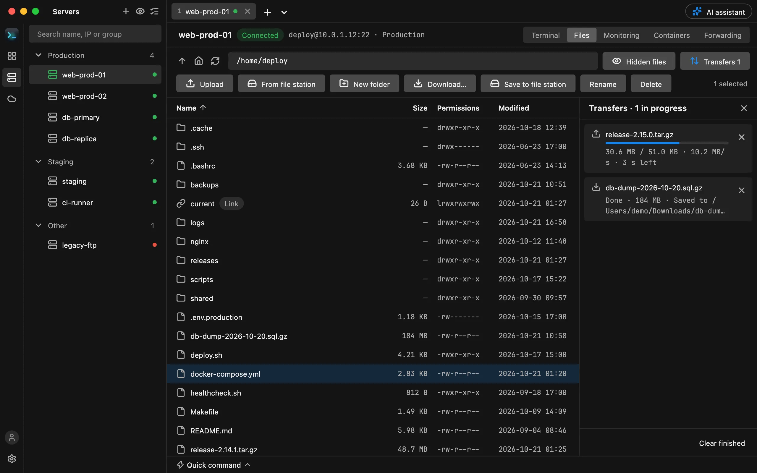 HostDock SFTP file browser listing a remote directory with names, sizes, permissions and modification times, and the transfer queue below