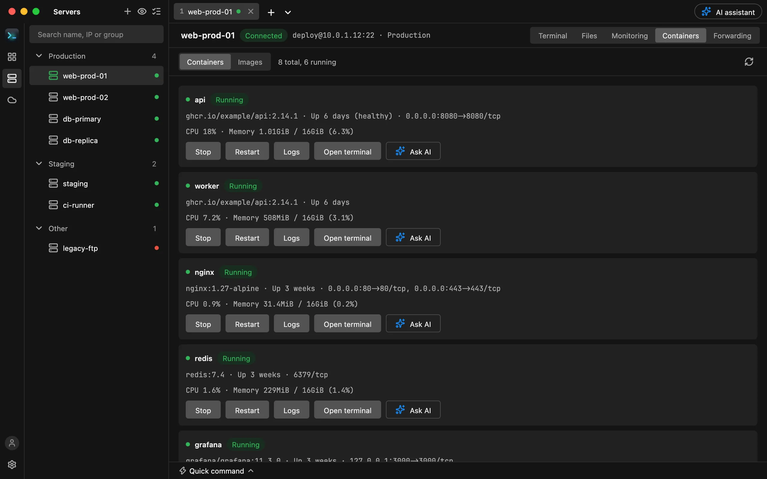 HostDock containers view listing Docker containers with image, status, ports, CPU and memory