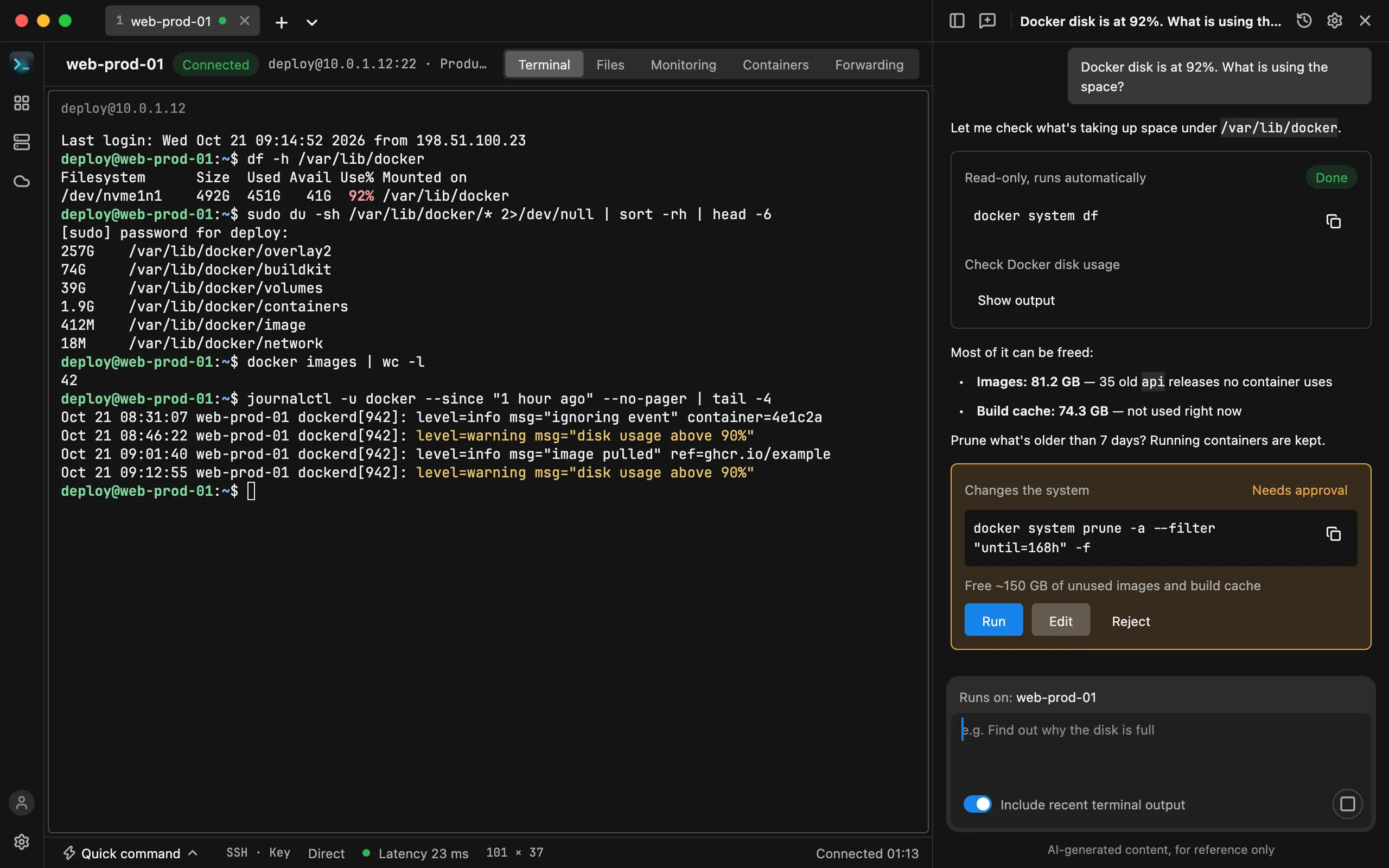 HostDock AI assistant panel next to a terminal: the assistant proposes a command and waits for the user to approve or reject it