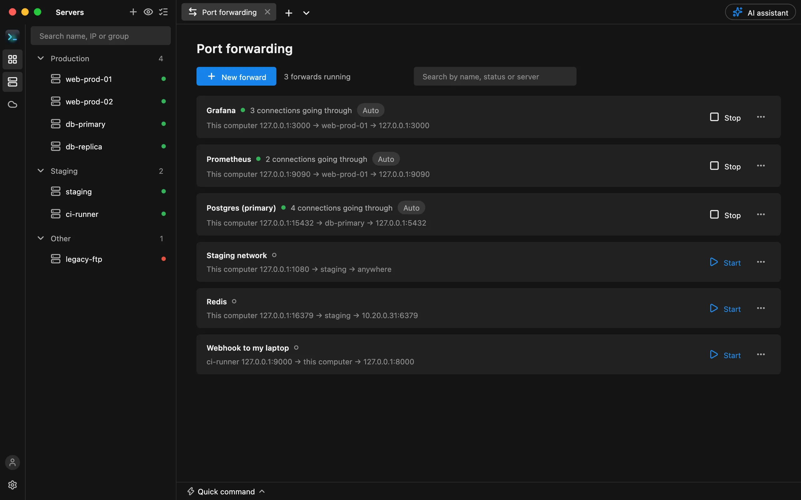 HostDock port forwarding page listing local, remote and dynamic forwarding rules with their status