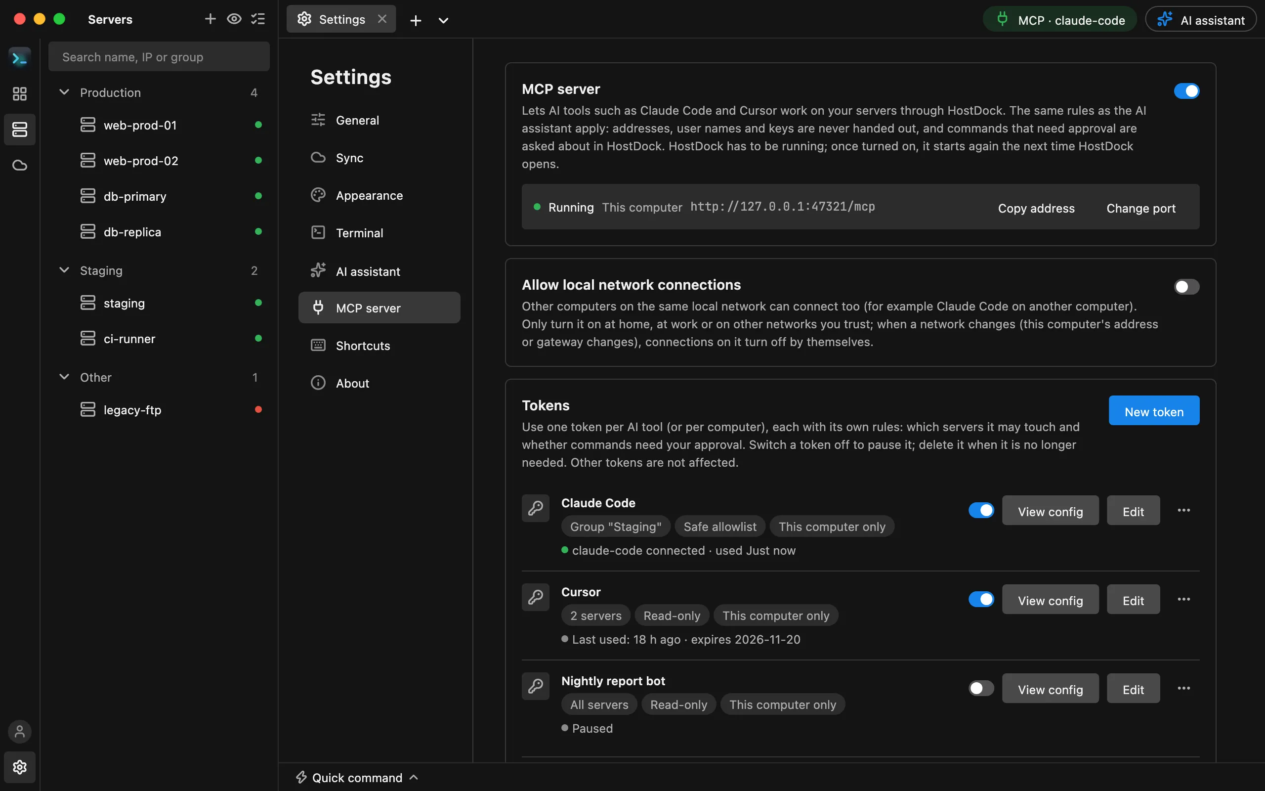 HostDock MCP server settings: the server is running, with access tokens for AI tools, each with its server scope, execution mode and expiry